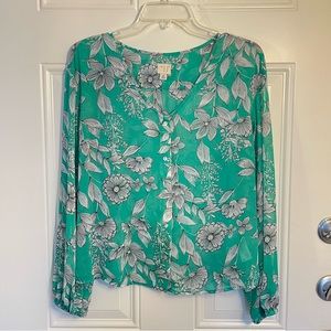 A New Day Mint Green Floral Long Sleeve Top Size XS Black White Button Down